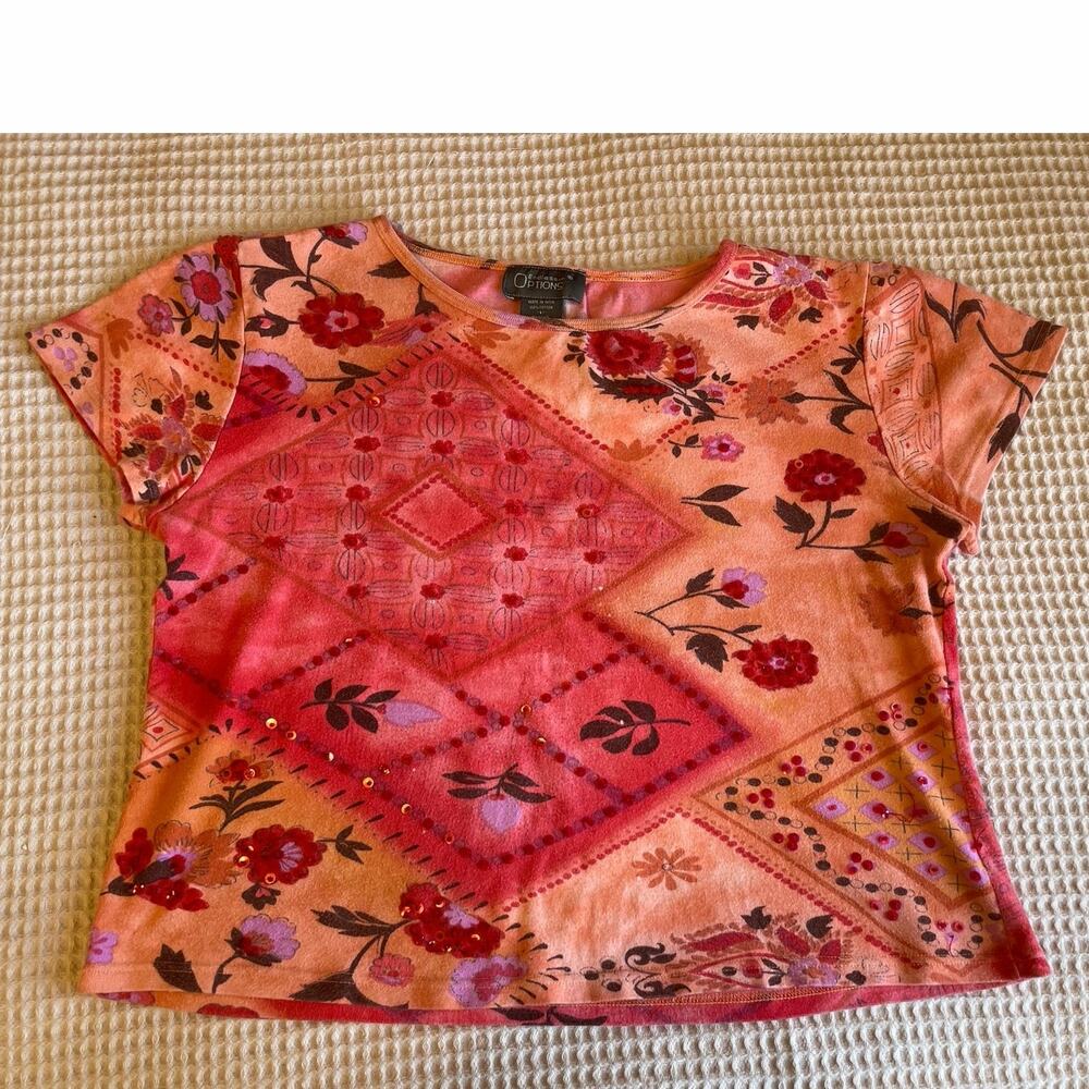 Endless… Options Y2K Grandma Orange Abstract Print Short Sleeve Cotton Tee Large